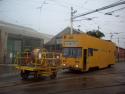 754 With Reel Wagon 750, Rigby Road Depot, Blackpool Tramway, Uk.