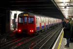 D Stock train on a westbound District Line service at Embankment