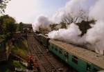 34070.Manston and 34067 tangmere pass the turntable at swanage.2-5-09.